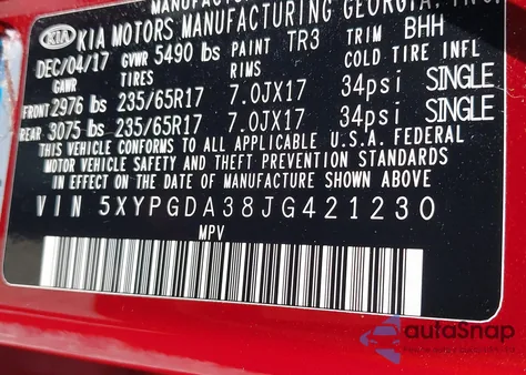 2018 Kia Sorento 2.4L Lx из США, поврежденный, VIN 5XYPGDA38JG421230